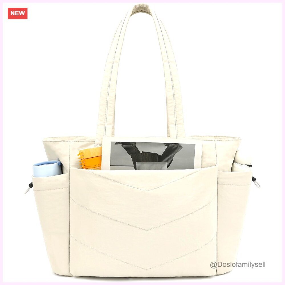 Large Quilted Puffer Tote Bag with Zipper, 8 Pockets, Laptop Compartment